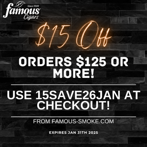 Januaruy Famous Cigars Coupon Savings: Save $15 off Orders $125 or more! Use 15SAVE26JAN at Checkout!