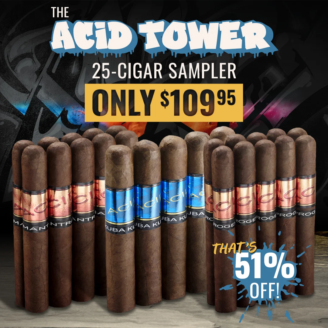 Acid Cigars 25-Count Tower Sampler offers their best sellers at over 50% off - Shop now while supplies last!