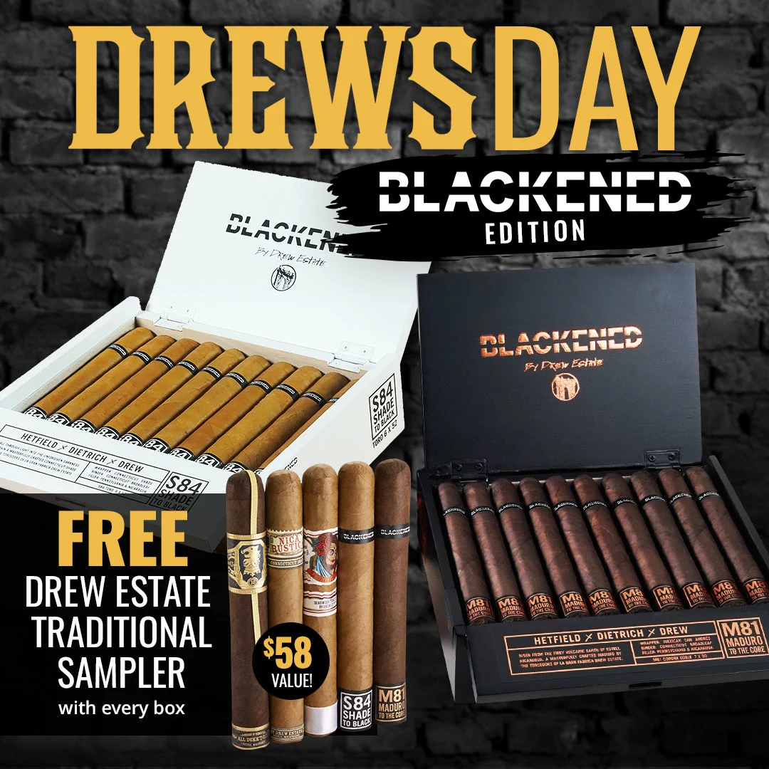 Drew Estare Blackened Cigars Deal! Get a Drew Estate Sampler FREE with every Drew Estate Blackend Cigars - Shop Now!